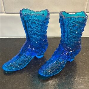 Cobalt Blue Fenton Art Glass Boot Pair